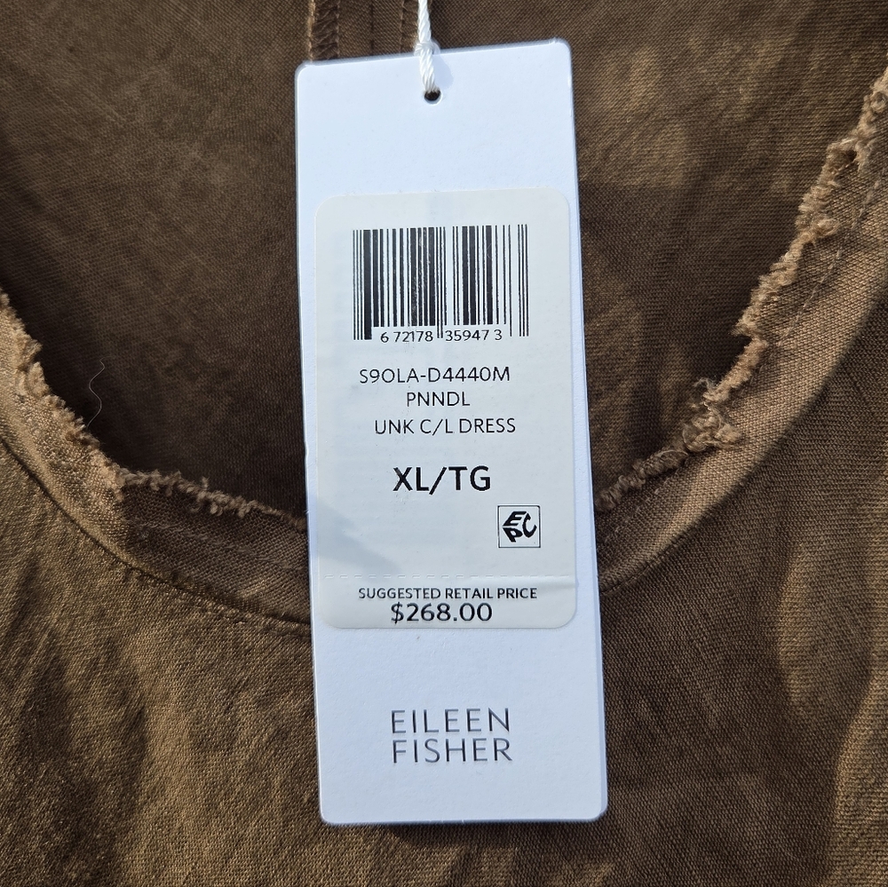 Eileen Fisher Frayed Organic Linen Shaped Tank Dress Pine Needle Brown XL - Picture 4 of 7